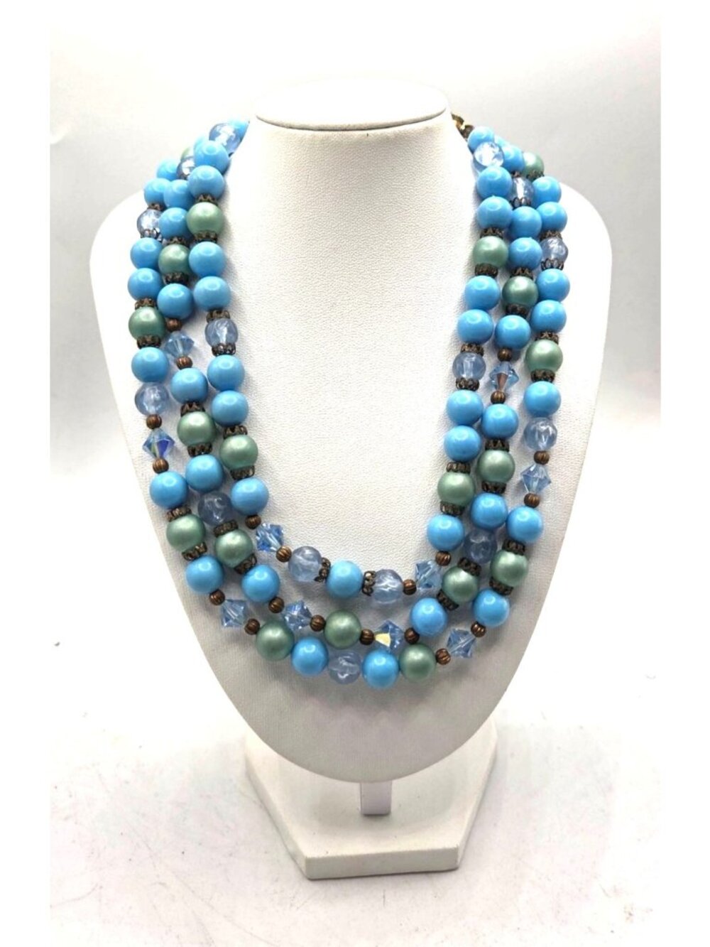 Vintage Multi-Strand Blue & Green Beaded Necklace With Gold-Tone Clasp